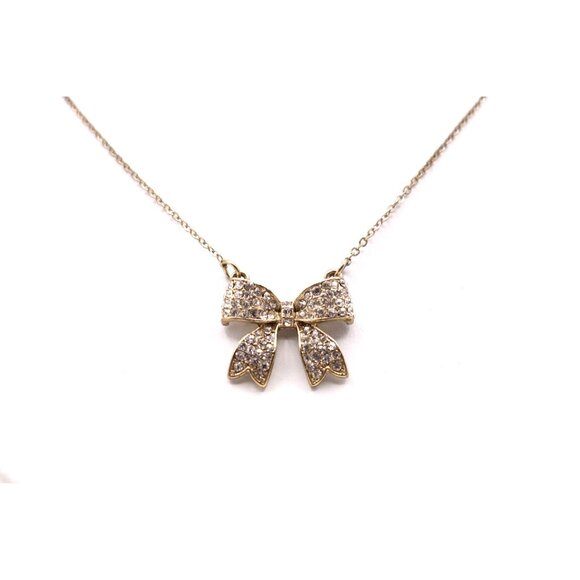 Rhinestone Sparkling Bow Pendant Necklace Gold Tone Vintage Delicate 18" - Picture 1 of 12
